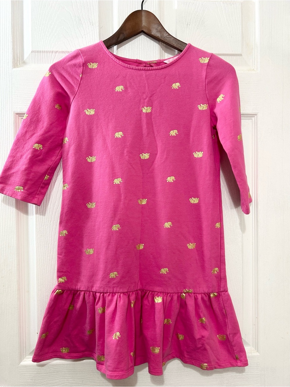 Lilly Pulitzer Girls XL 12-14 Pink Gold Elephant Drop Waist Dress 3/4 Sleeve